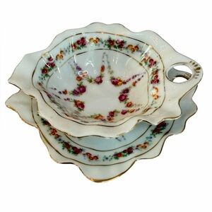 Vintage Austrian Porcelain Ramekin and Underplate Pink Floral Design with Gold